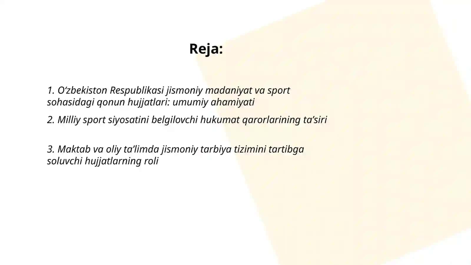 Oʻzbekiston Respublikasi jismoniy madaniyat va sport sohasidagi qonun hujjatlari: umumiy ahamiyati 2