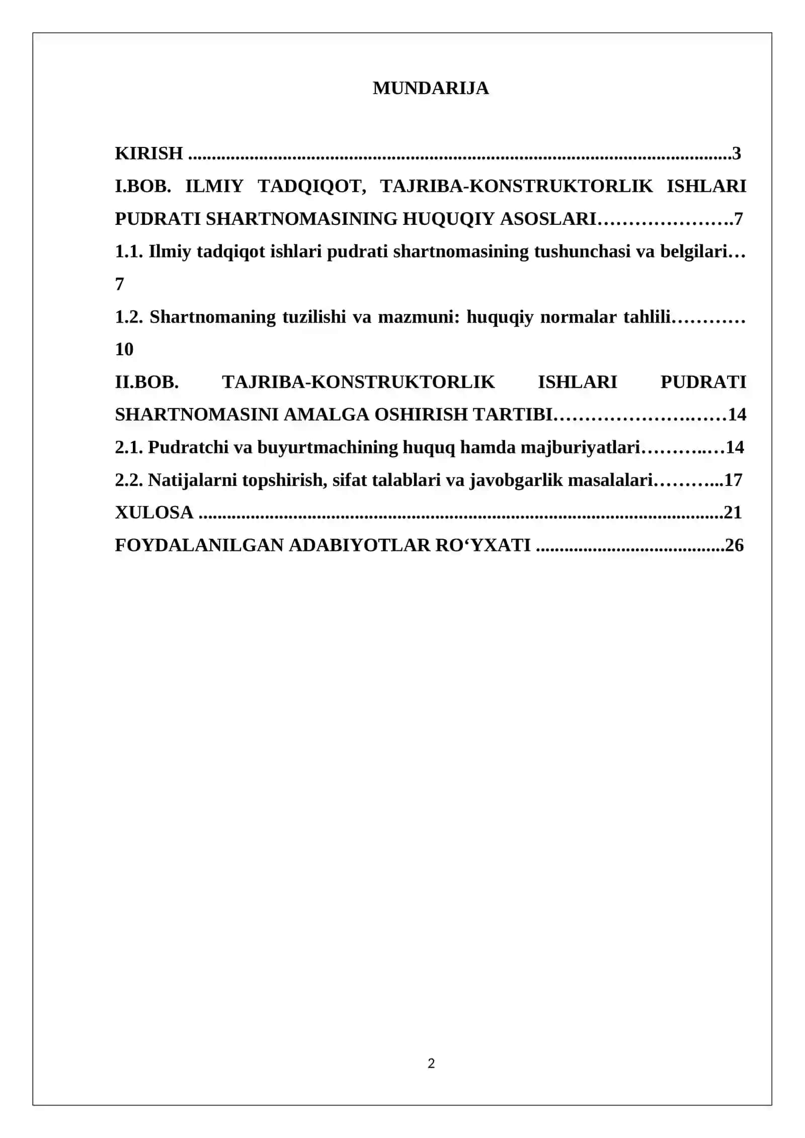 “ILMIY TEKSHIRISH, TAJRIBA-KONSTRUKTORLIK ISHLARI PUDRATI SHARTNOMASI” 2