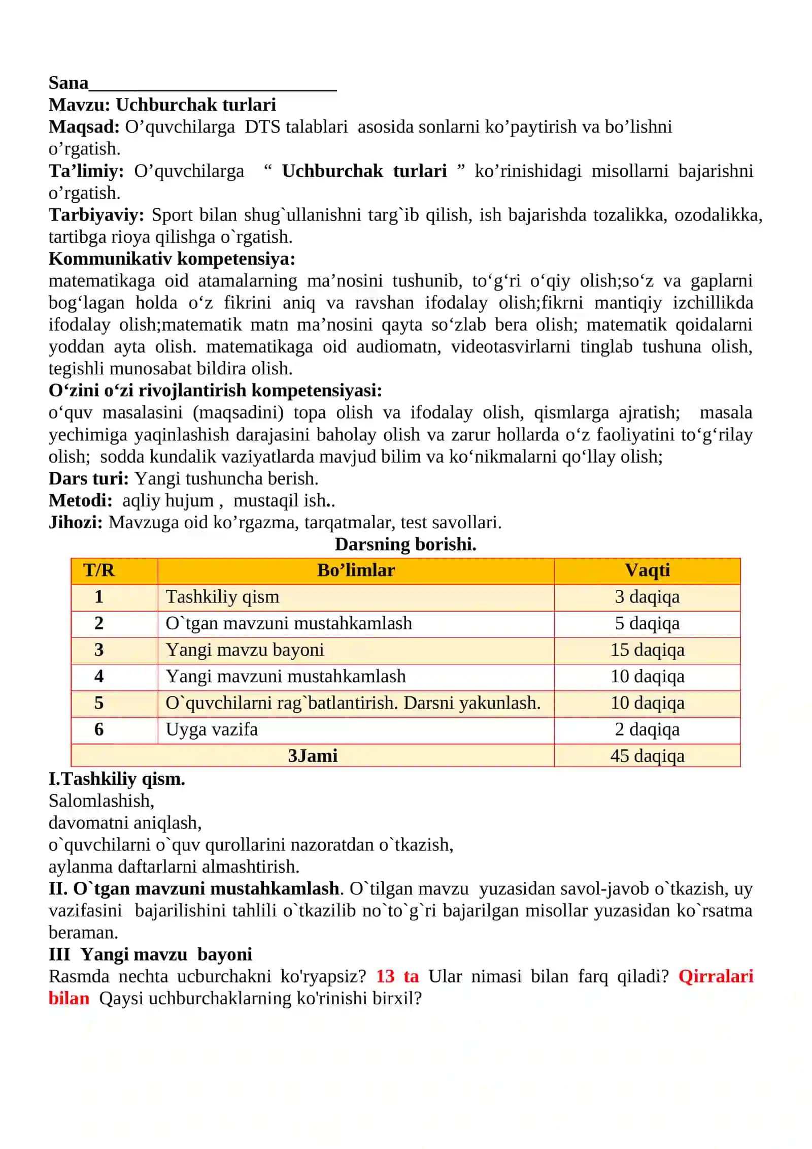 3-sinf Matematika fanidan Uchburchak turlari mavzuda dars ishlanma 2