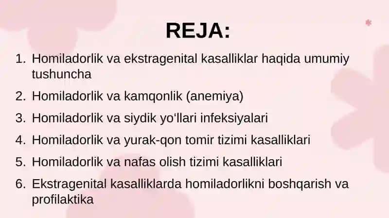 Homiladorlik va ekstragenital kasalliklar kamqonlik siydik yo’li infeksiyasi yurak qon tomir va nafas olish tizimi bilan bog’liq kasalligini boshqarish 2