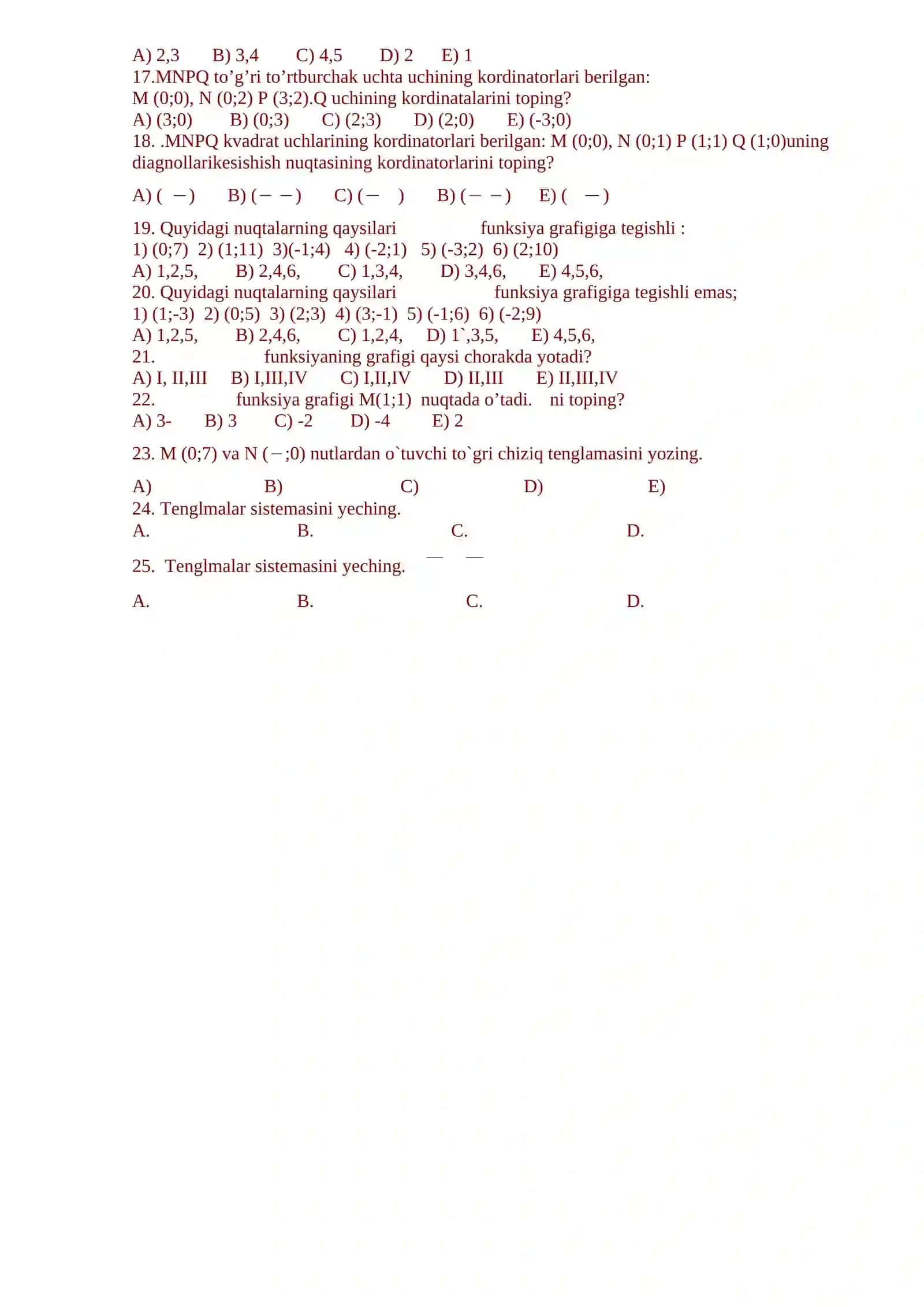 8-sinf matematika fanidan test savollari I – chorak, I-variant 2