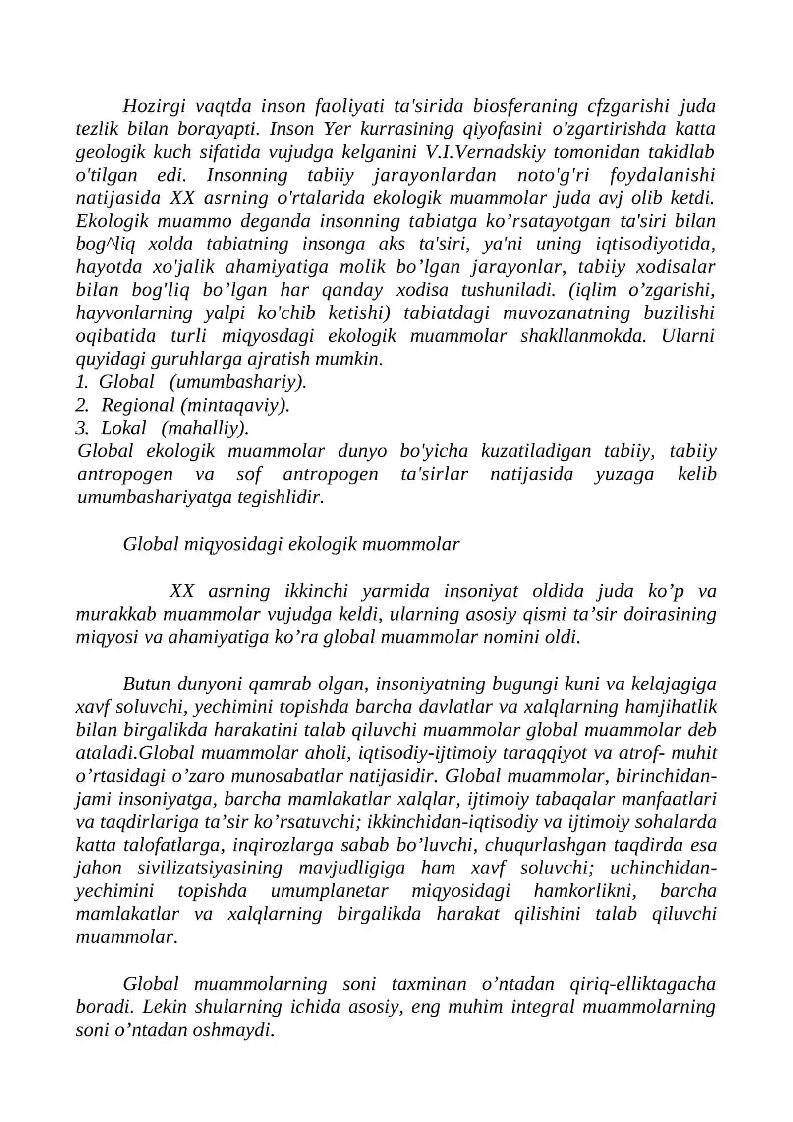 Global Mintaqaviy va mahalliy miqyosdagi ekologik muammolar 2
