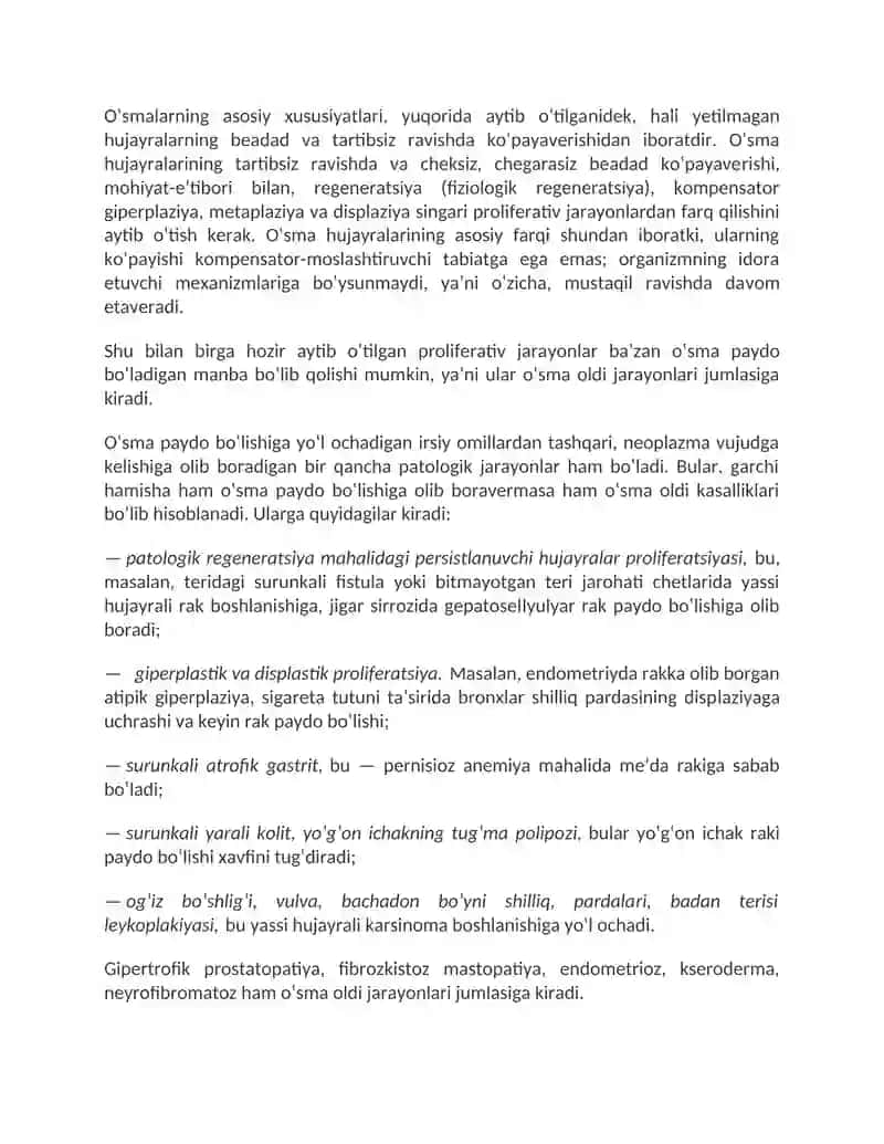 Neoplaziya. Kanserogenezni molekulyar asoslari. O‘sma o‘sishi biologiyasi 2