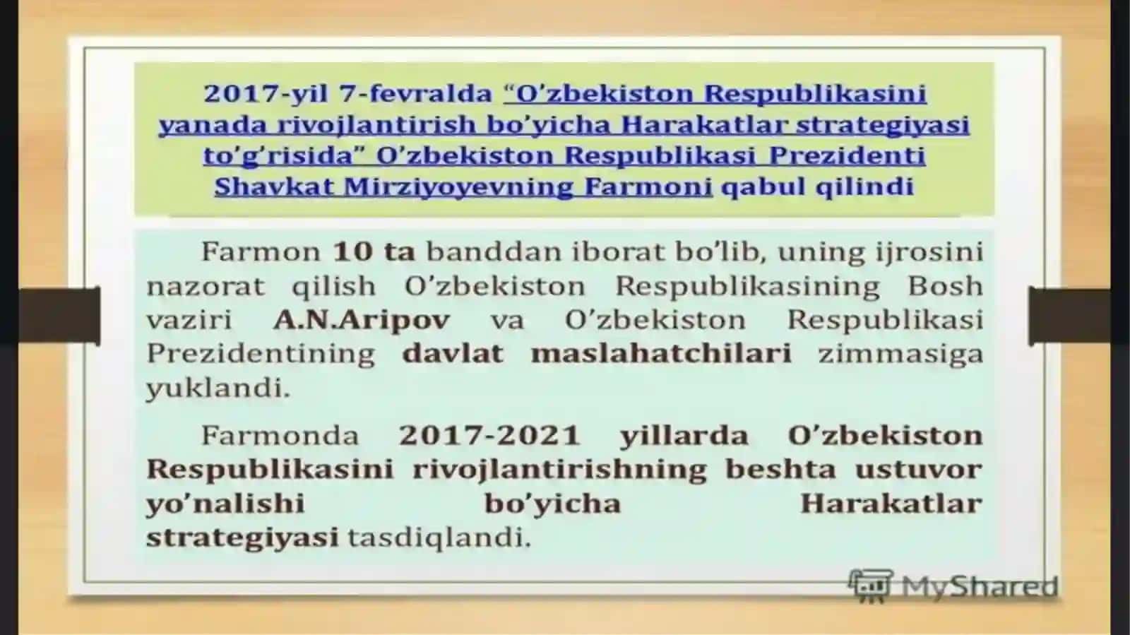 Yangi O'zbekistonda Prezident Sh. Mirziyoyev rahbarligi vatashabbusi ostida amalga oshirilgan islohotlar 2