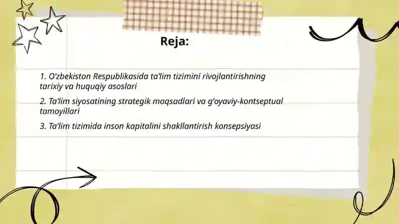Oʻzbekiston Respublikasida taʼlim tizimini rivojlantirishning konseptual asoslari Abdubositova Mushtariybonu 2