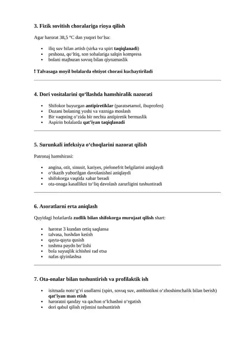 Hamshiralik ishi (patronaj hamshiralari) mutaxassisligi bo’yicha shakllantirilgan og’zaki savollarga javoblar ro’yxati 2