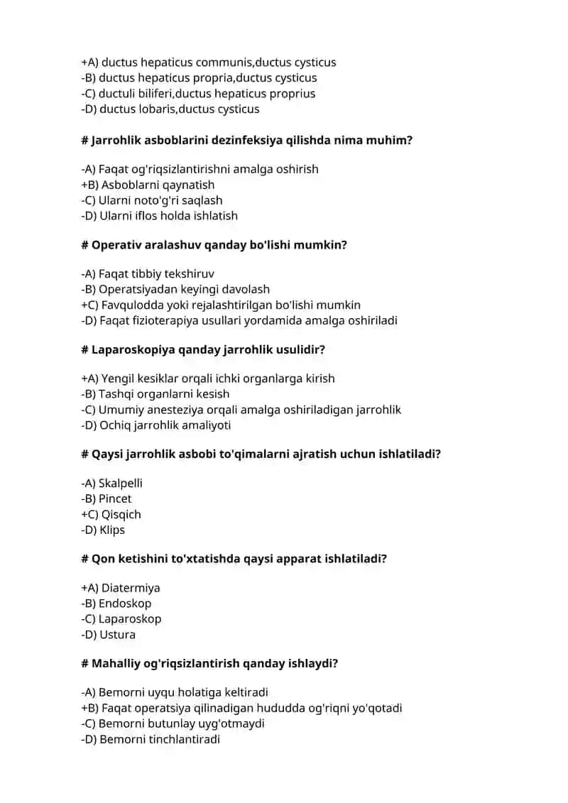 Operativ xirurgiya, Klinik anatomiya test, Davolash, Pediatriya, Stomatologiya, Farmatsiya, Oliy hamshiralik yo'nalishi uchun 2
