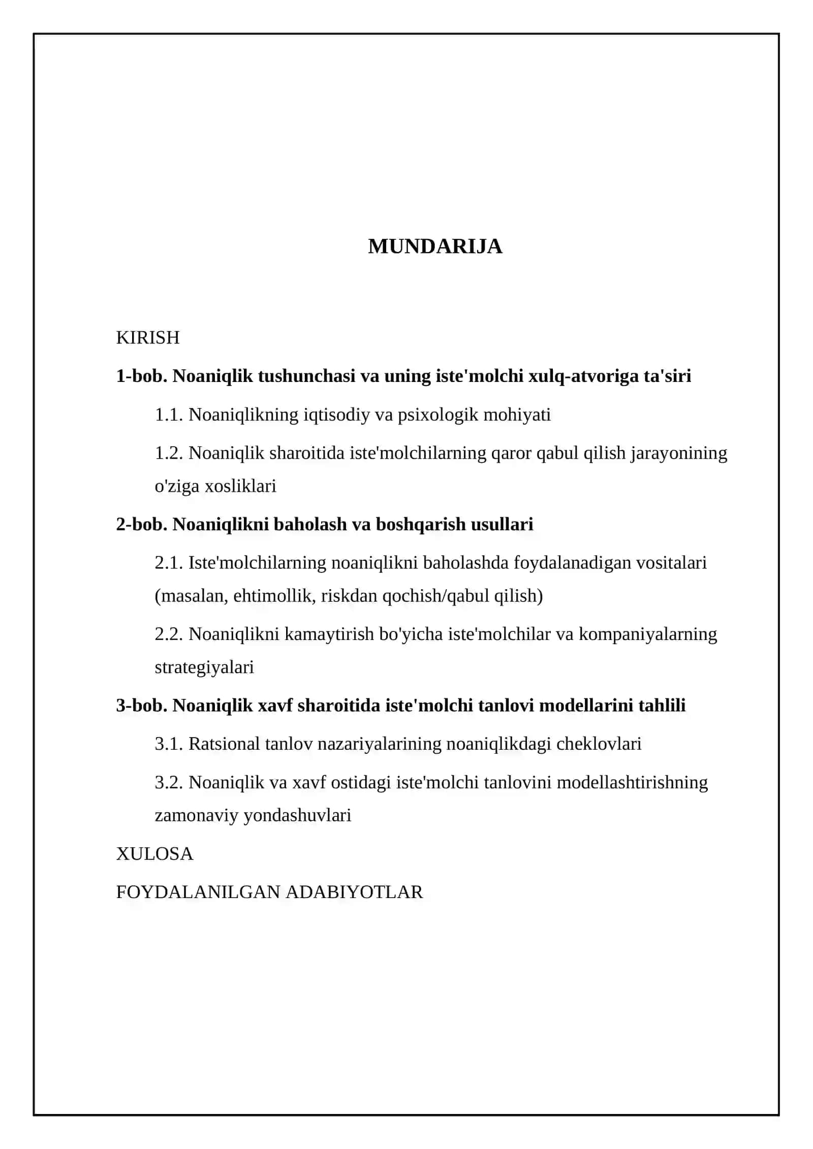 Noaniqlik xavf sharoitida iste'molchi tanlovi 2