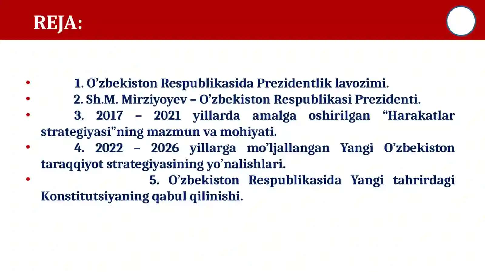 Yangi O'zbekistonda Prezident Sh.M.Mirziyoyev Rahbarligi va Tashabbusi Ostida Amalga Oshirilayotgan Ishlohlar 2
