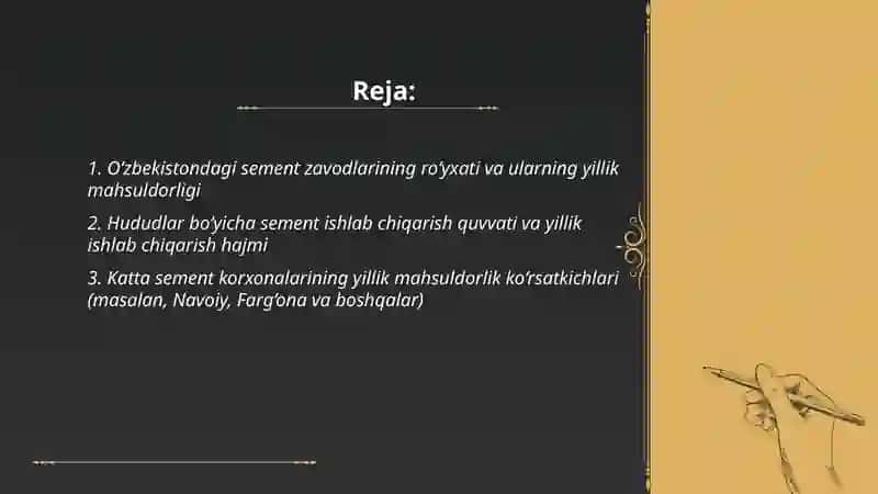 O‘zbekistonda sement ishlab chiqaradigan zavodlar va ularning yillik maxsuldorligi 2