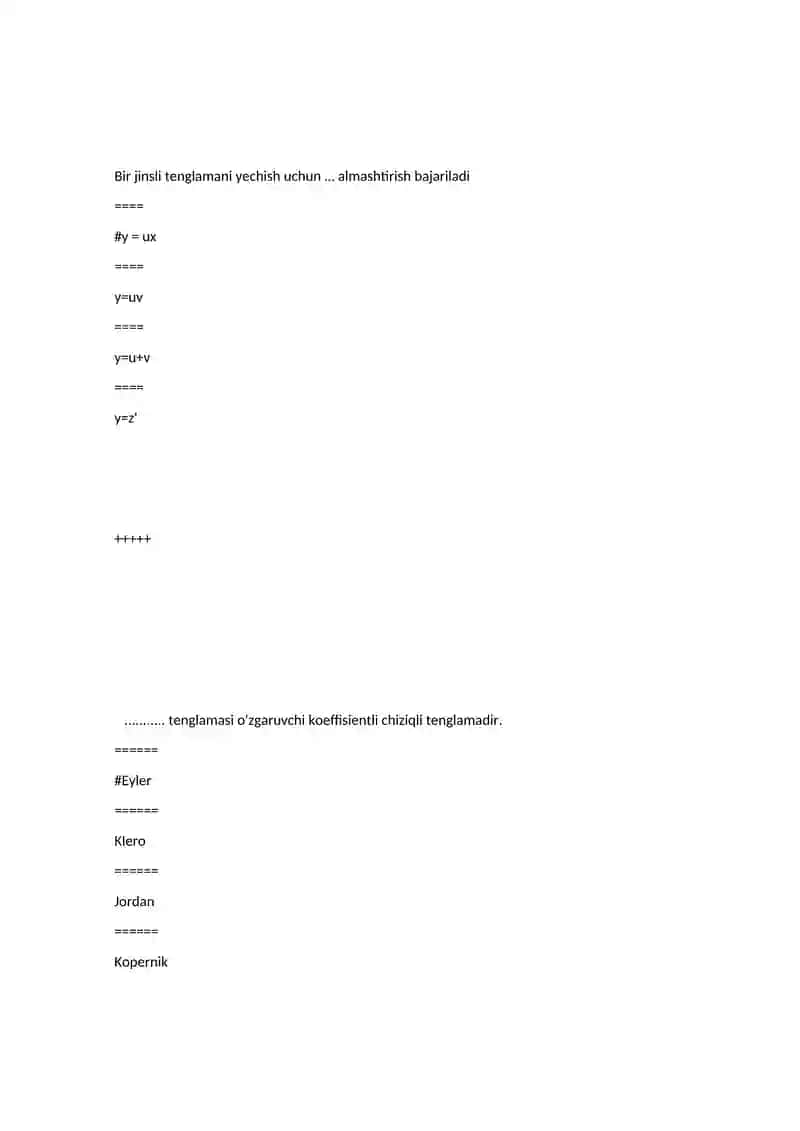 Differensial tenglamalar test savollari 2