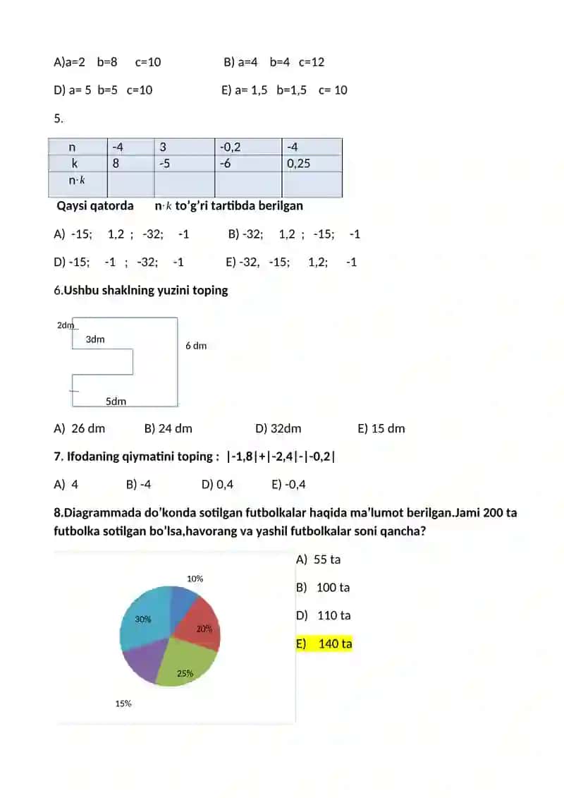6-sinf uchun test 2