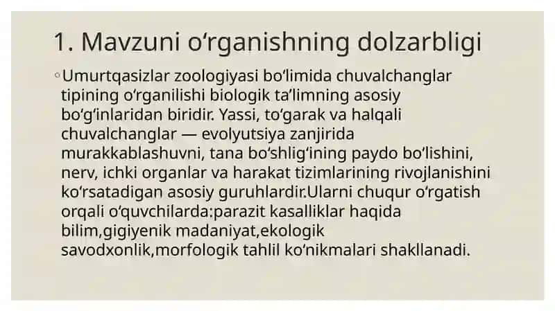 Yassi, to'garak va halqali chuvalchanglar tipini o'qitish metodikasi 2