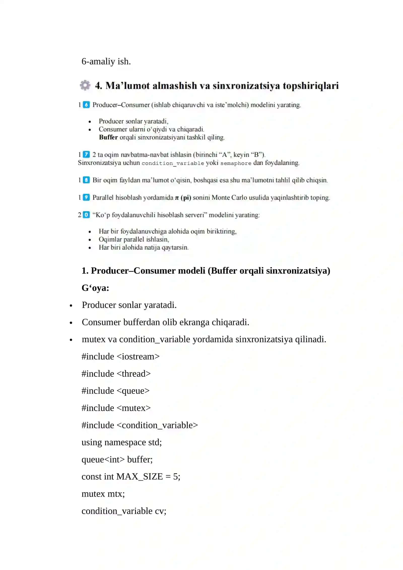 AMALIY TOPSHIRIQ - Producer–Consumer modeli (Buffer orqali sinxronizatsiya) 2