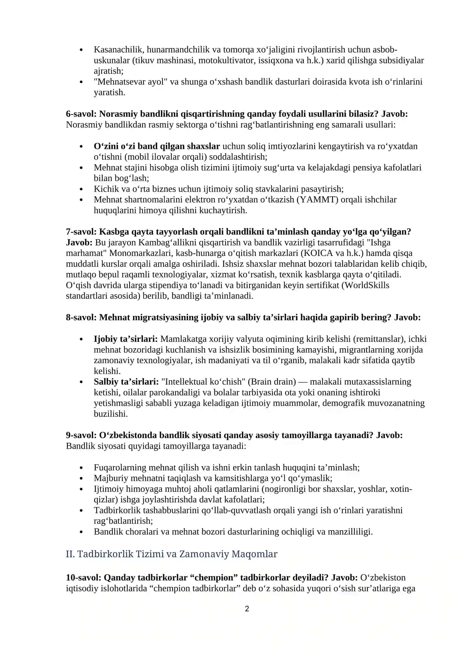 Agros 2026 suhbar salollari javoblari bilan ( Bandlik va tadbirkorlik yo'nalishi ) 2