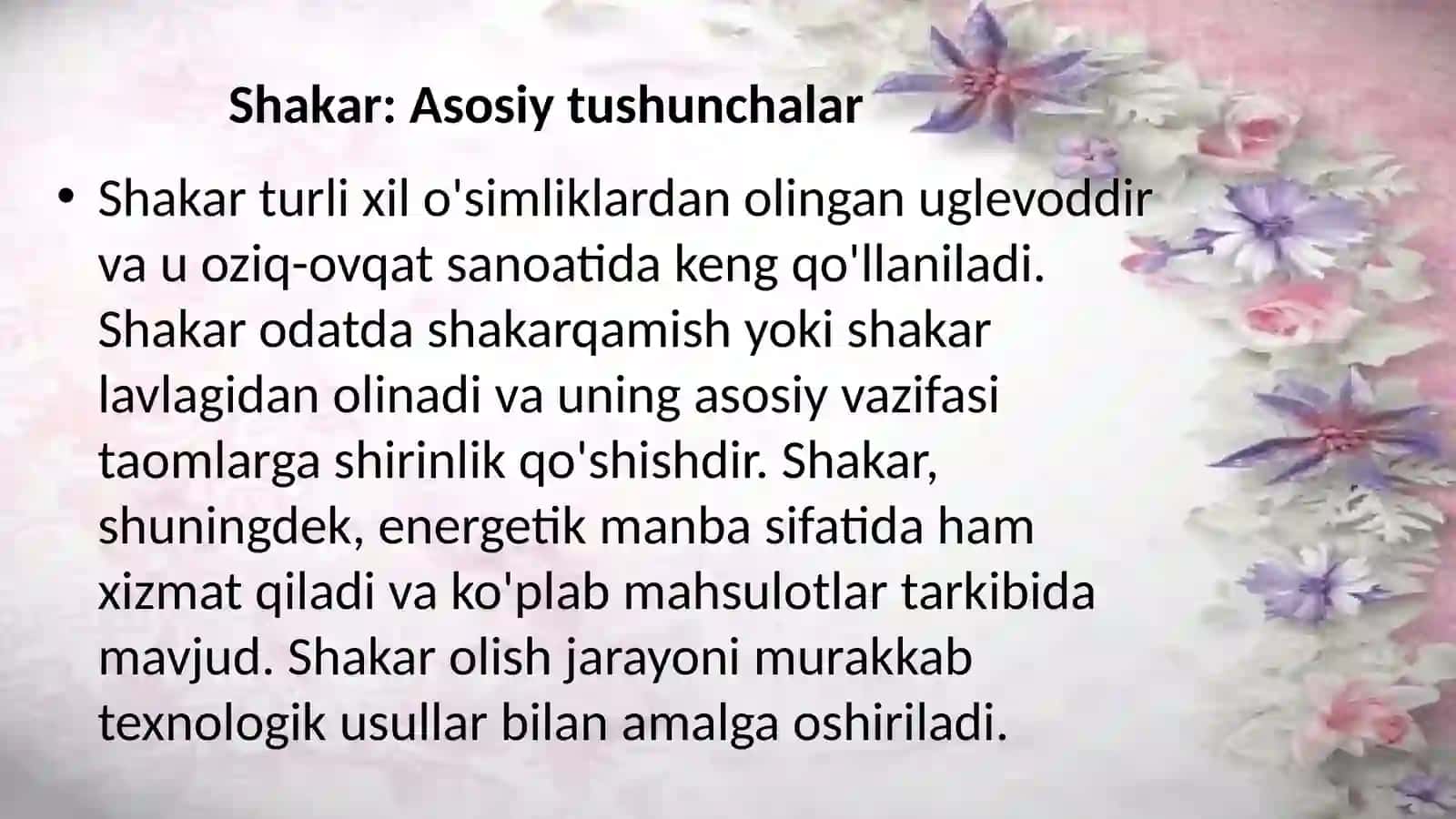 Shakarning qoʻllanilishi va olishning texnologik sxemasi 2