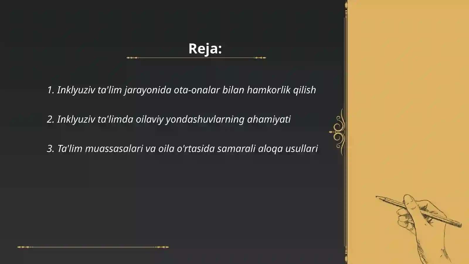 Inklyuziv ta'lim jarayonida ta'lim muassasalari va oila hamkorligida ishlash by Ibrohimova Dilshoda 2