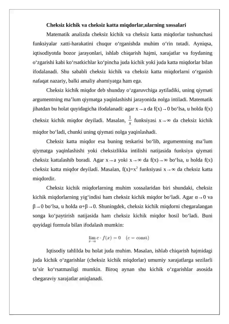 Cheksiz kichik va cheksiz katta miqdorlar va ularning xossalari 2