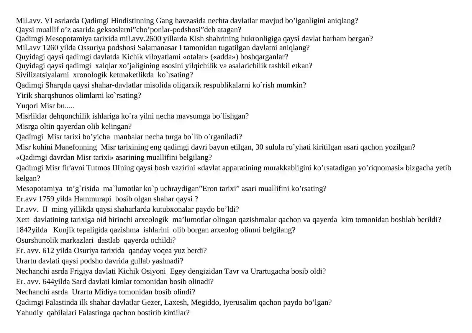Jahon tarixi fanidan yakuniy nazorat savollari 2
