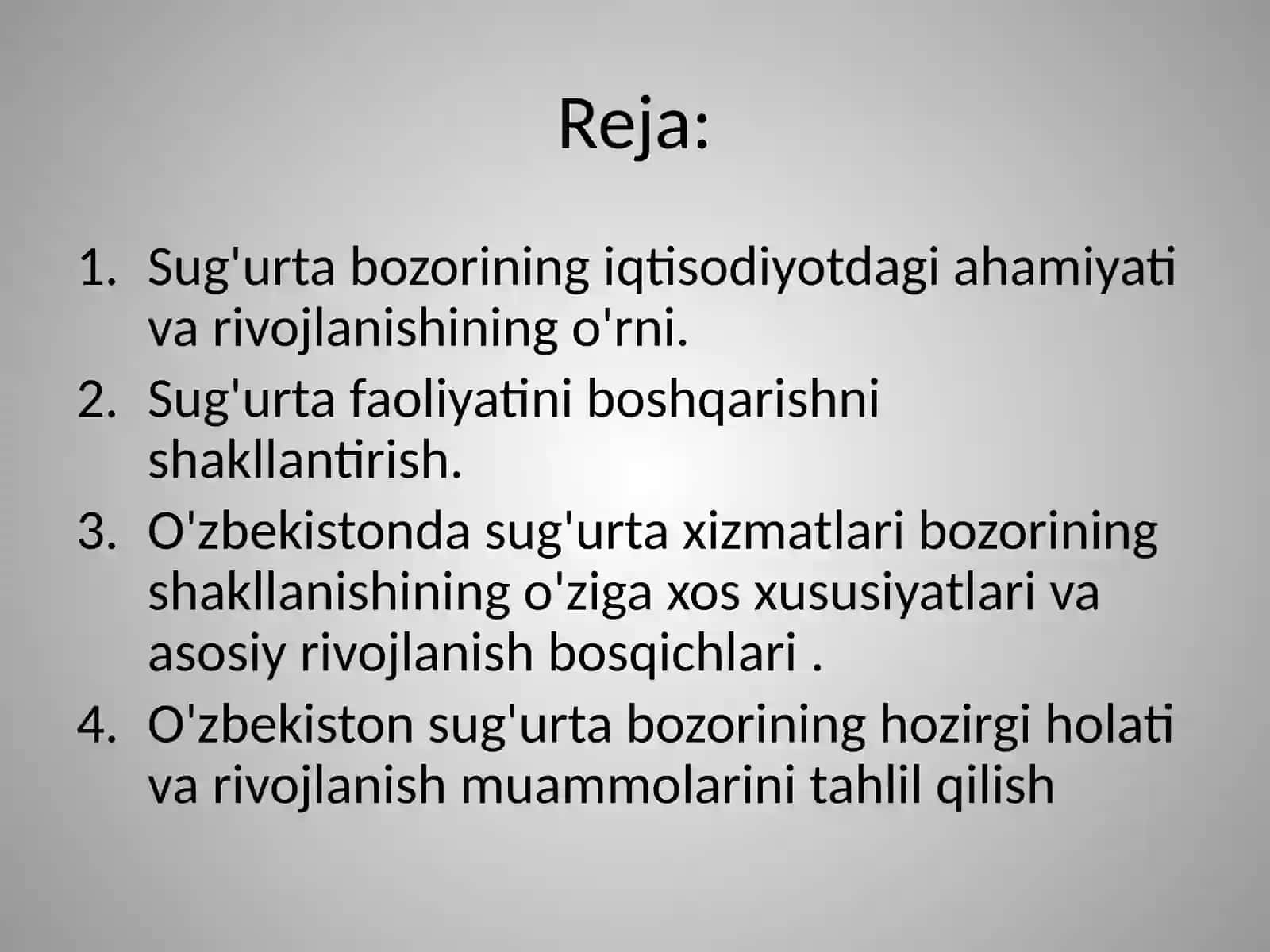 MAVZU. SUG'URTA BOZORI VA UNING DAVLAT TARTIBI 2