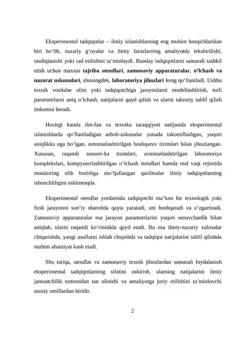 Eksperimental Tadqiqotlarni Bajarishda Qo‘llaniladigan Stendlar, Zamonaviy Apparaturalar va Boshqa Jihozlardan Foydalanish 2