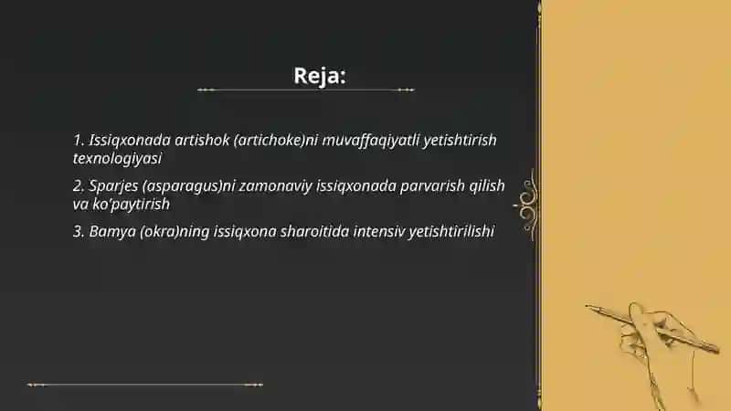 Zamonaviy issiqxonalarida kam tarqalgan sabzavot ekinlarinij yetishtirish 2