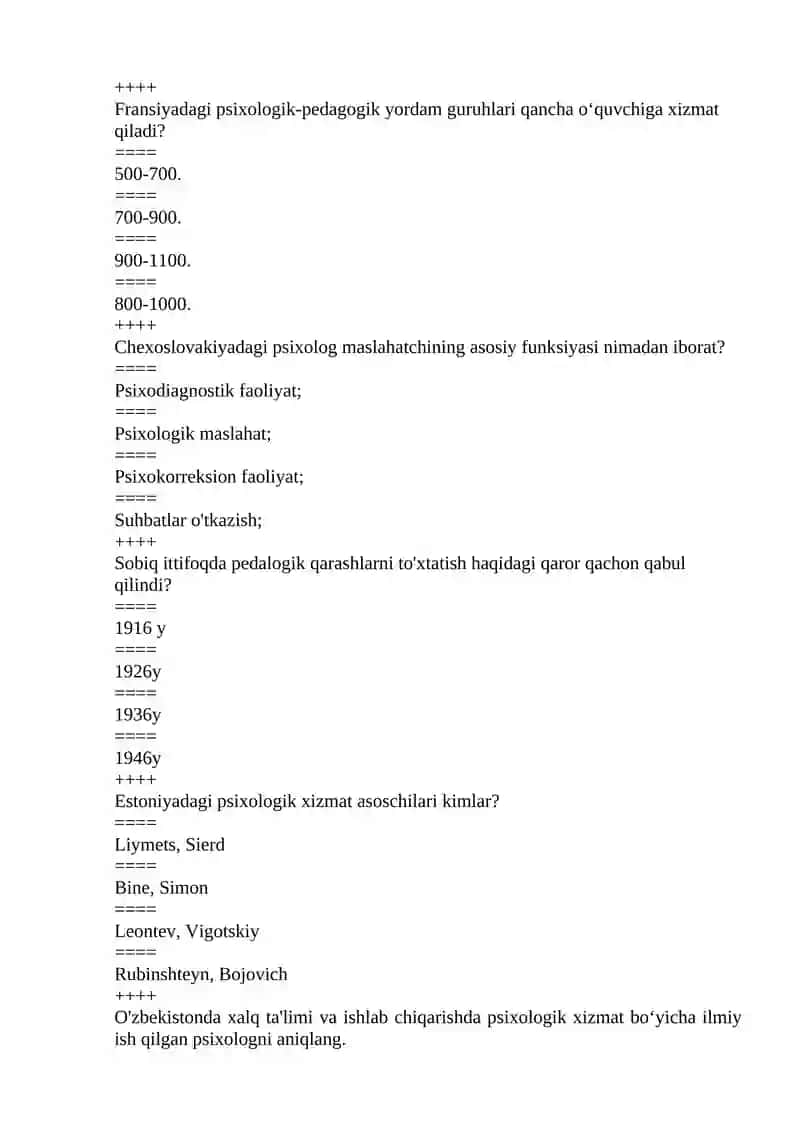 Ta’lim muassasalarida psixologik xizmat fanidan test savollari: 3-4kurslar uchun 2