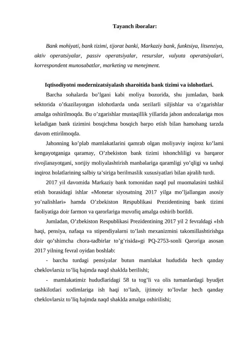 Iqtisodiyotni modernizatsiyalash sharoitida bank tizimi va islohotlari 2