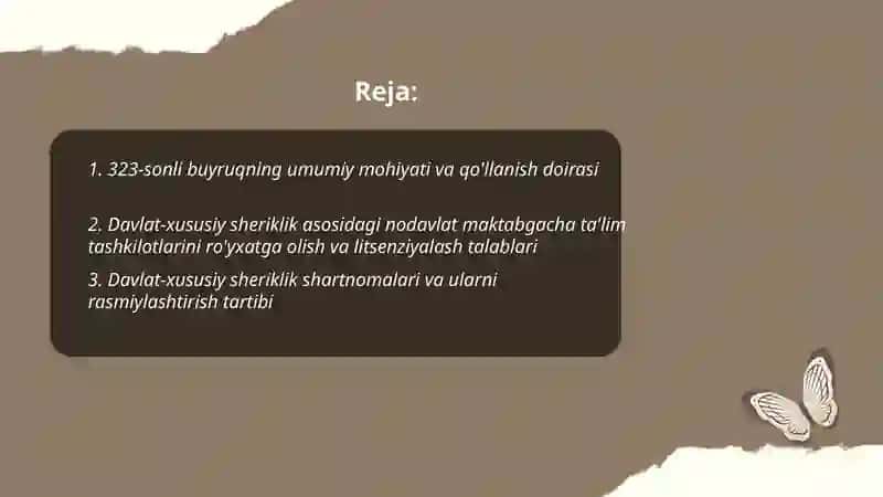 Davlat -xususiy sheriklik asosidagi nodovlat maktabgacha talim tashkilatida hamda pedagogning ish hujatlari (323-sonli buyruq) 2