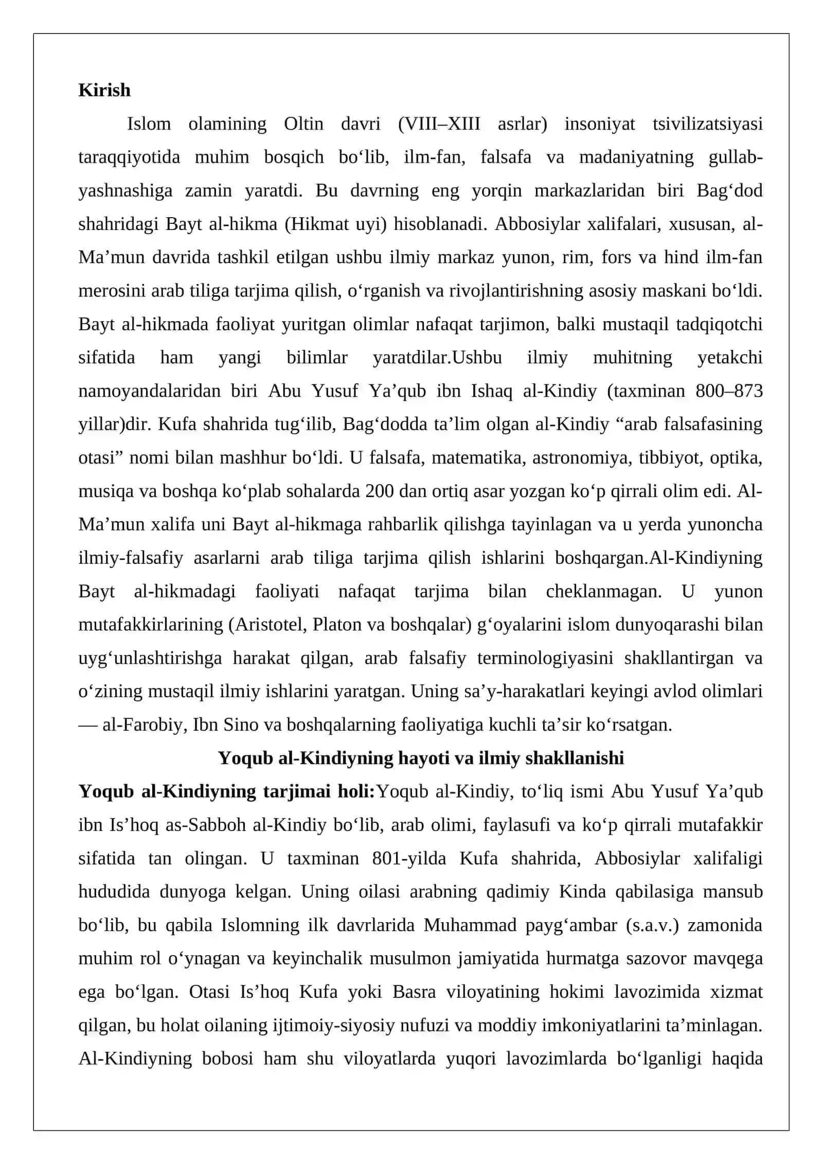 Yoqub al-Kindiy (800–873)ning Bayt al-hikmadagi ilmiy faoliyati 2