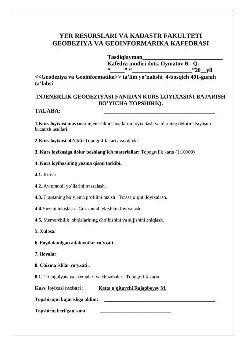 Topografik kartada injenerlik inshoatlarini loyixalash va ularning deformatsiyasini kuzatish 2