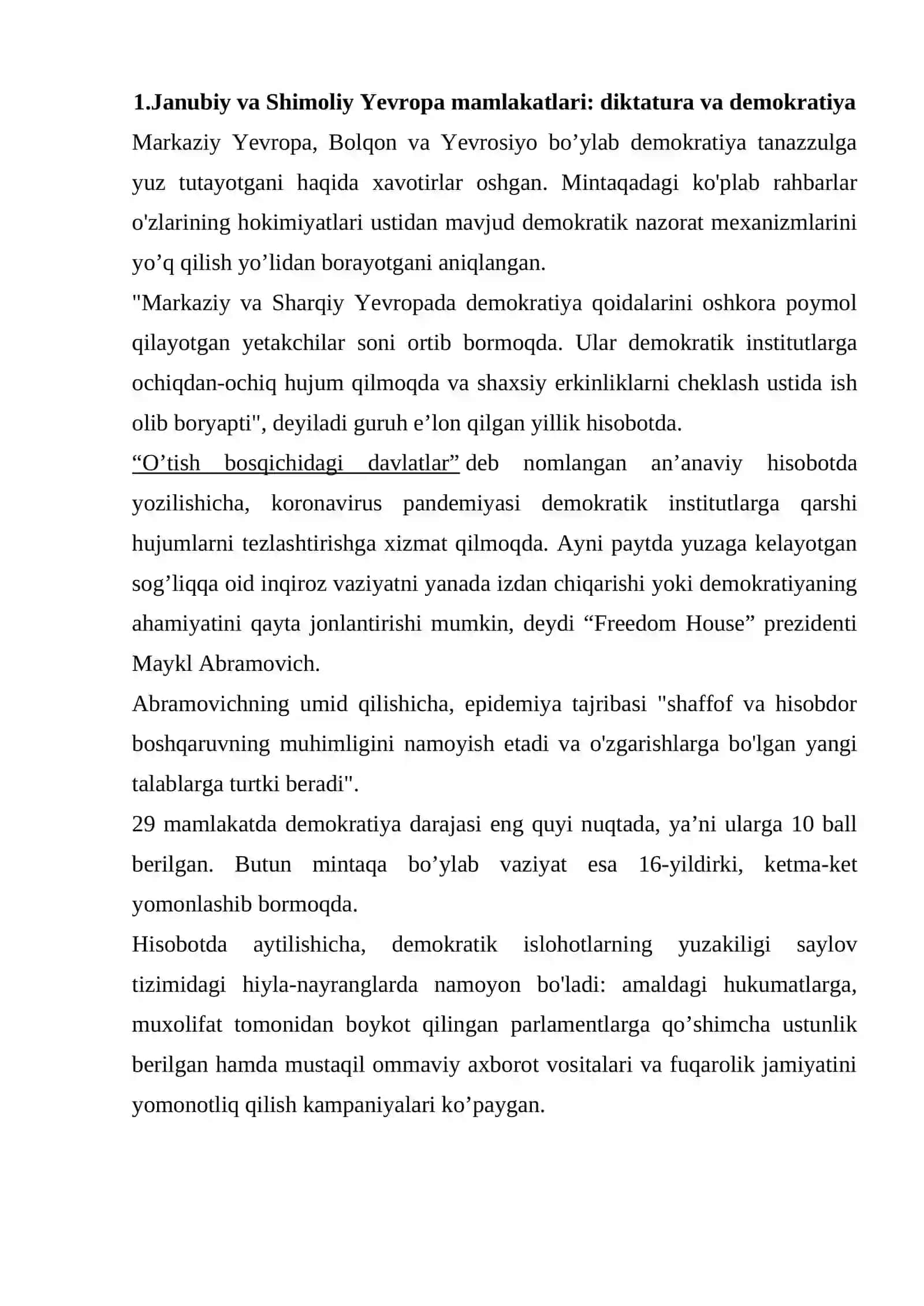 Janubiy va Shimoliy Yevropa mamlakatlari: diktatura va demokratiya. Sovet Ittifoqida islohotlar va inqiroz: imperiyaning tugatilishi. 2