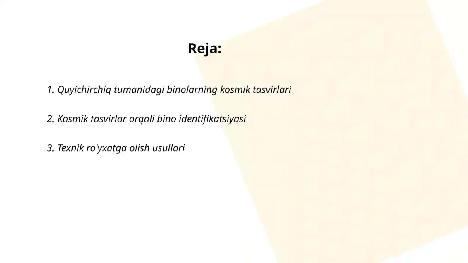 Quyichirchiq tumanidagi bino -inshootlarning kosmik tasviri yordamida texnik ro'yxatga olish 2