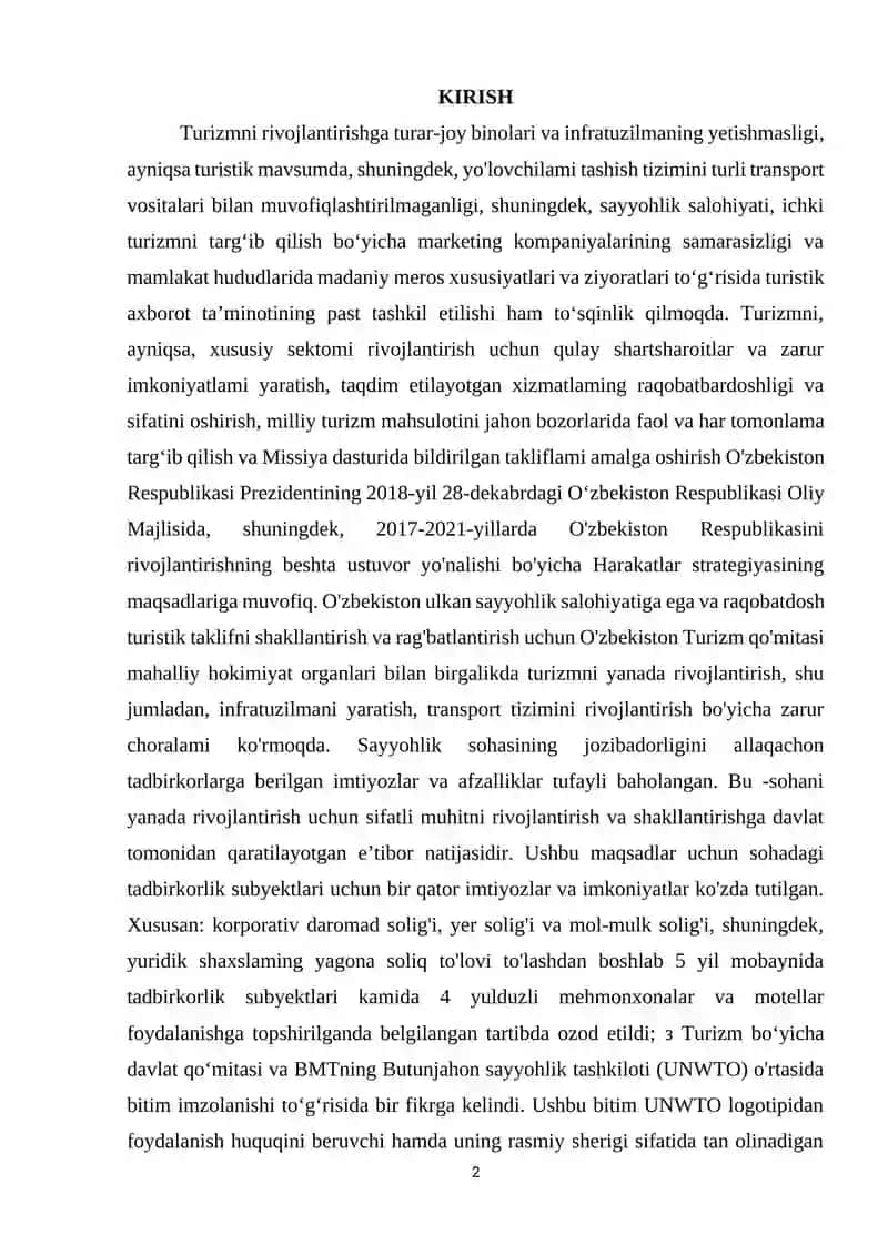 Turizmni rivojlantirishga turar-joy binolari va infratuzilmaning yetishmasligi 2