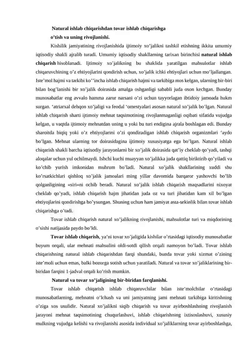 Natural ishlab chiqarishdan tovar ishlab chiqarishga o’tish va uning rivojlanishi 2