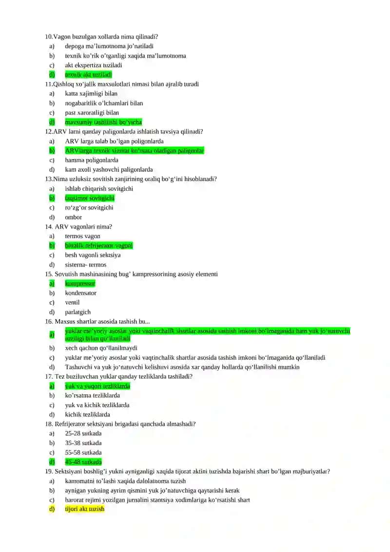 Yetkazib berish zanjirida izotermik tashishlar fanidan test 2