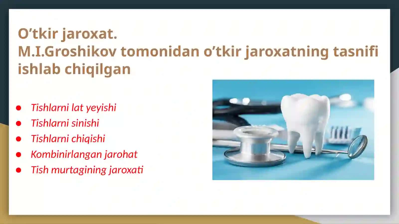 Tish chiqqandan keyin paydo bóladigan nokariyes kasalliklar. Tishlarni kimyoviy vamexanik jarohatlari 2