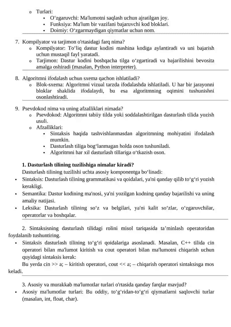 Dasturlash I fanidan yakuniy nazoratning nazariy savollari 2