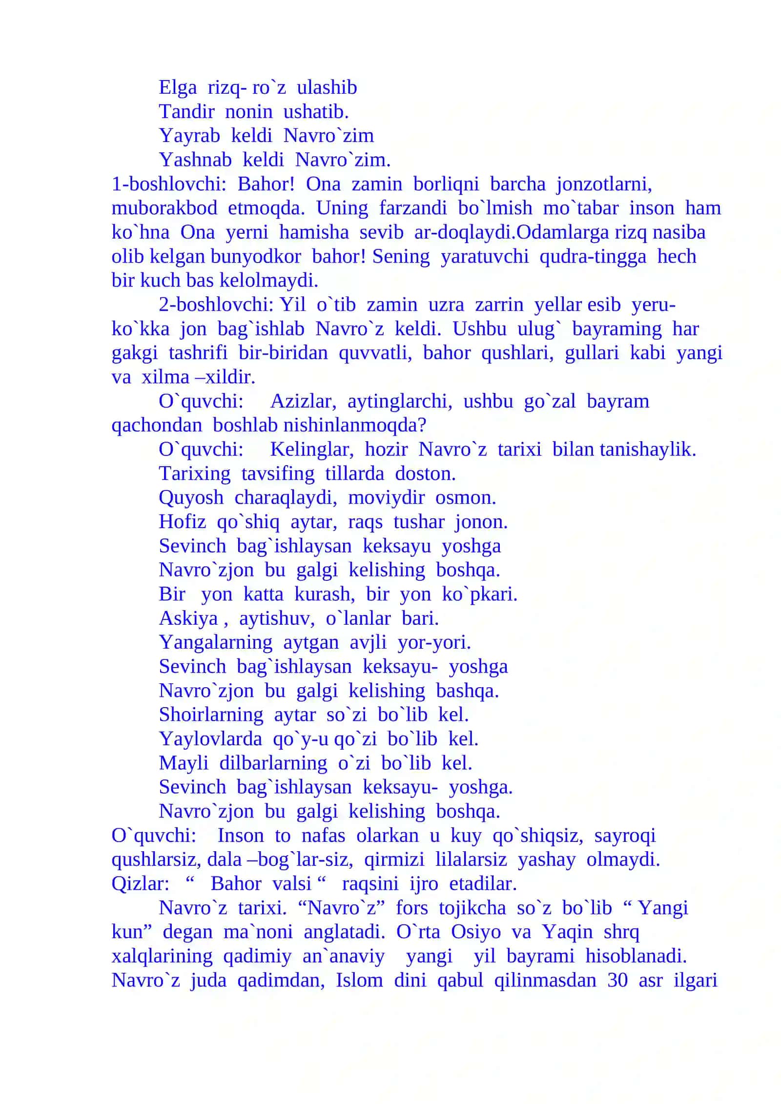 Navro`z-bahor bayrami. (tadbir senariysi) 2