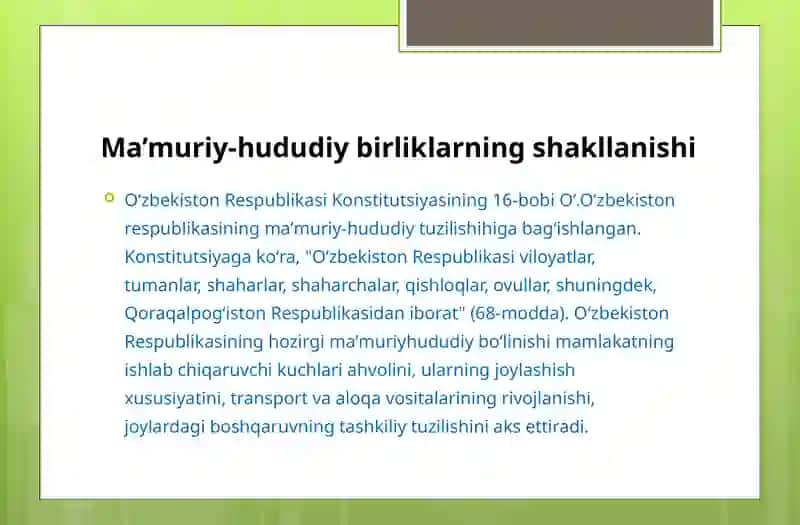 O’zbekistonning ma’muriy-hududiy tuzilishi va ularning mintaqaviy rivojlanish xususiyatlari 2
