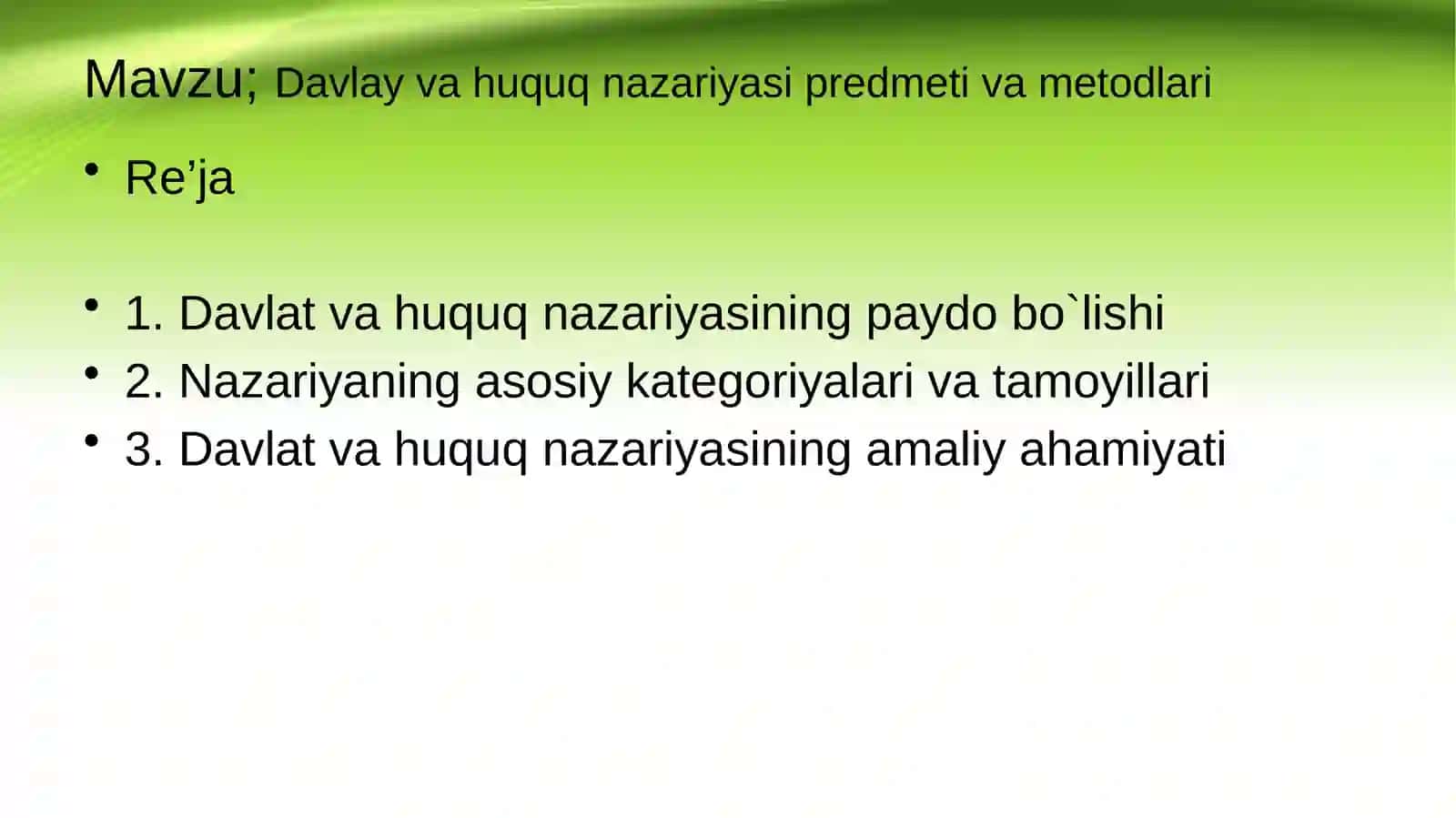 Davlat va huquq nazariyasi fanidan tayyorlagan slayd 2
