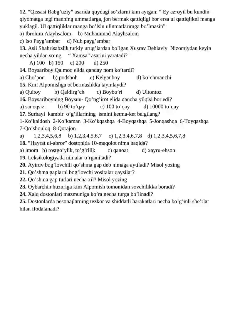 9-sinf ona tili va adabiyot fanidan olimpiada testi 2