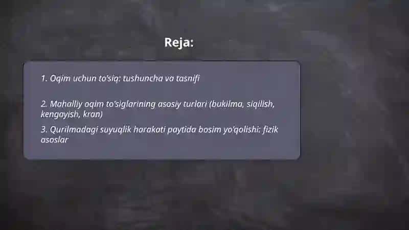 Oqim uchun to'siglar. Mahalliy ogim to'siglari. Qurilmadagi suyugliklar harakati paytida bosimning yo'golishi юсуфова мухлиса 2