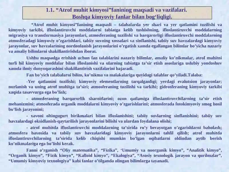 "ATROF MUHIT KIMYOSI" FANINING MAZMUNI, PREDMETI VA METODI 2