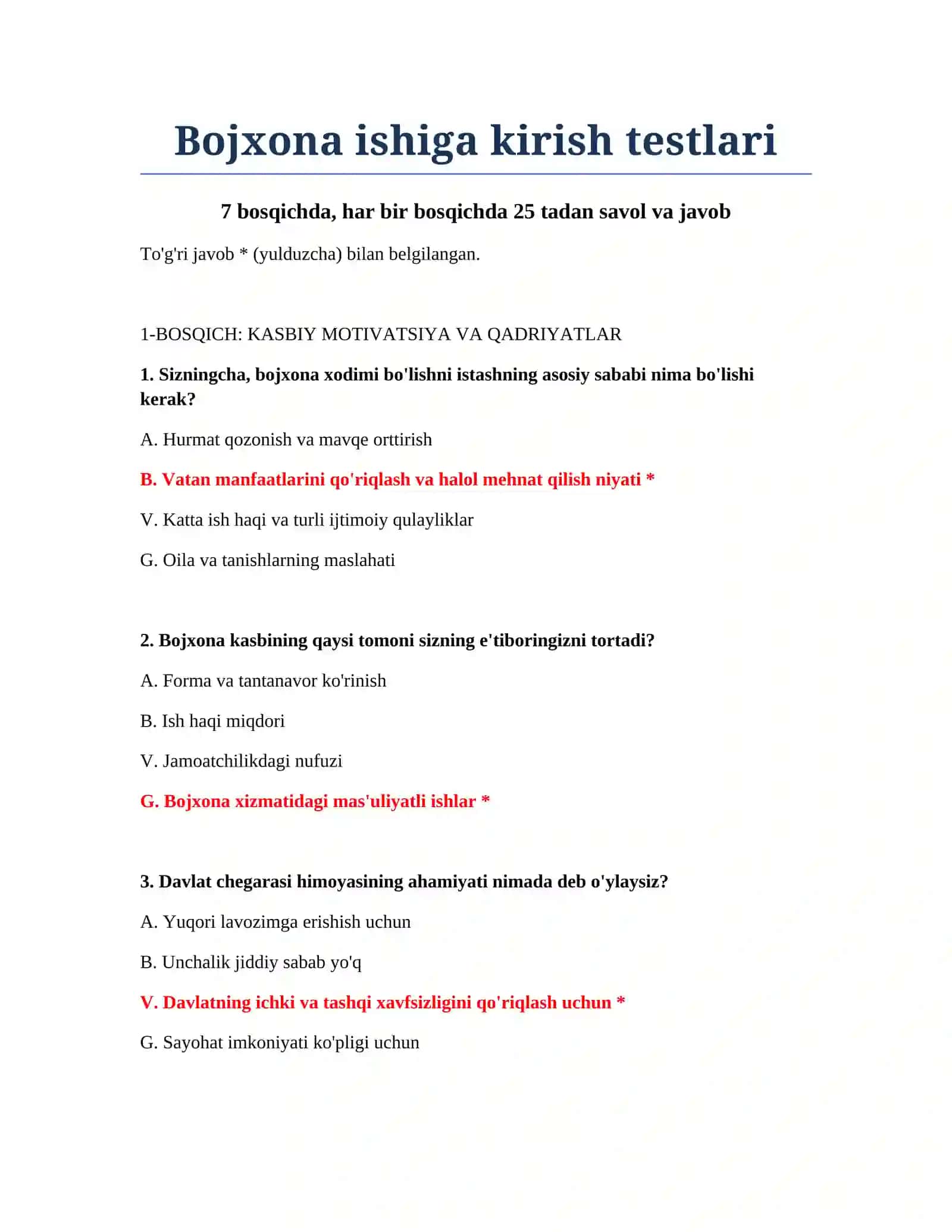 Bojxona ishiga kirish testlari 2