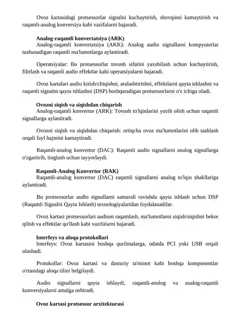 Ovozli kartalarda qo'llaniladigan protsessorlarning funksiyalari va bajarayotgan amallari 2