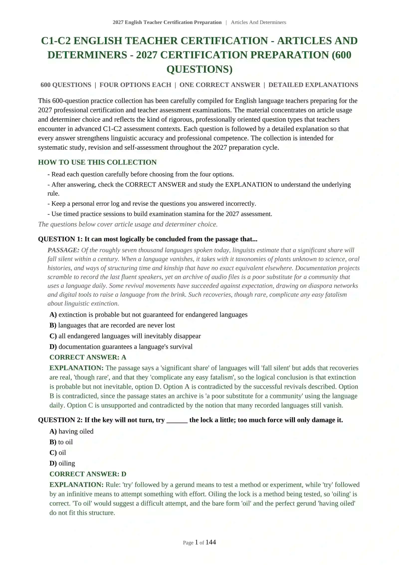C1-C2 ENGLISH TEACHER CERTIFICATION - ARTICLES AND DETERMINERS - 2027 CERTIFICATION PREPARATION (600 QUESTIONS) 2