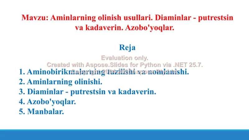14. Aminlarning olinish usullari. Diaminlar - putrestsin va kadaverin. Azobo'yoqlar. Taqdimot, 26 bet. 2