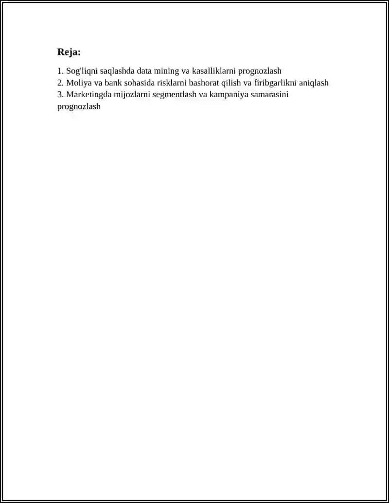 DATA MINING QÓLLASH SOHALARI, PROGNOZLASH VA VIZUALIZASIYA 2