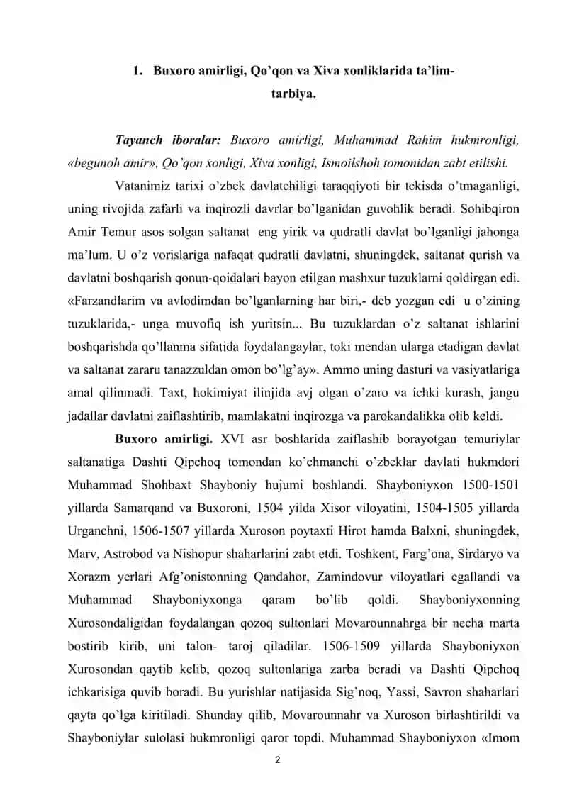 XVII asrdan xix asrning yarmigacha tarbiya, maktab va pedagogik fikrlar rivoji. IX asrning oxiri XX asr boshlarida turkistonda ta’lim tizimi.docx 2